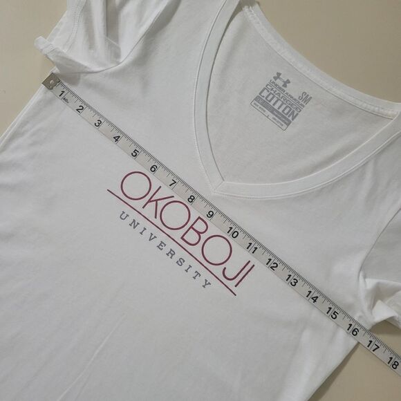 Under Armour Women's White V-neck Short Sleeve University Okobogi T-shirt - Picture 3 of 13